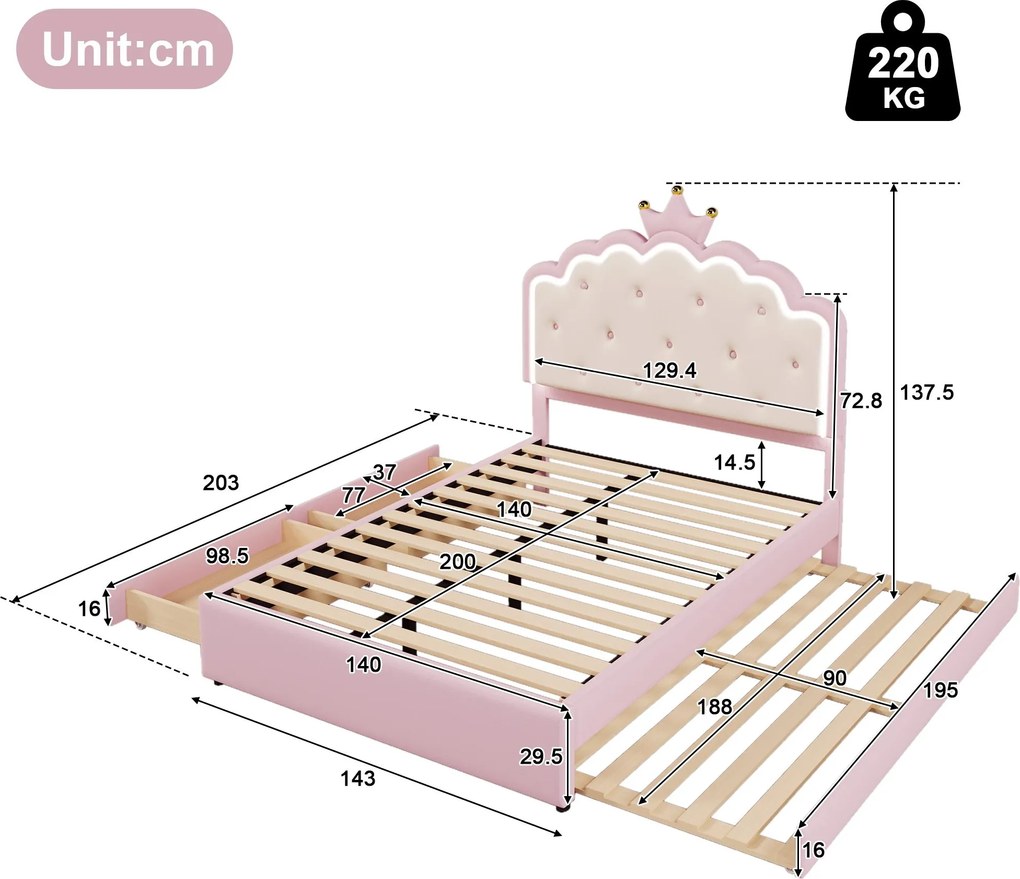 Pat tapițat 140x200 cm cu somieră cu lamele, pat extensibil și 2 sertare, fără saltea, Roz