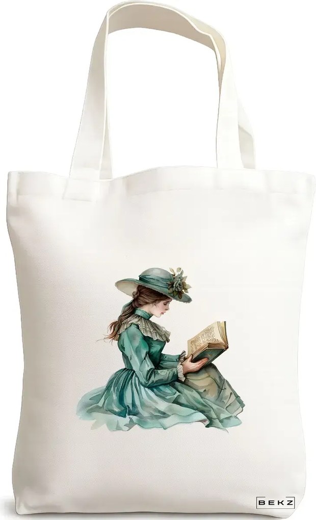Sacosa de Panza pentru Cumparaturi, Geanta Tote, model The bookie girl 37 38 x 34.5 cm, Alba, BEKZ®