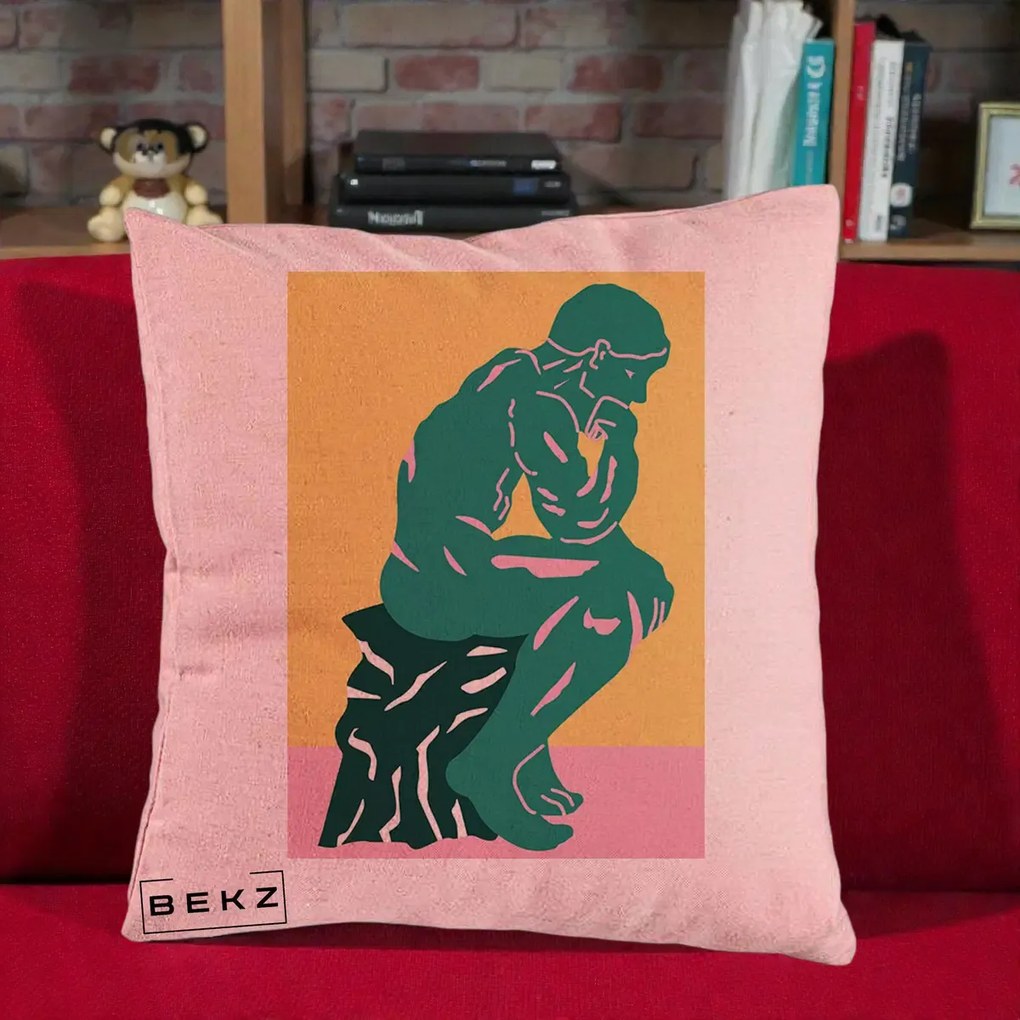 Perna Decorativa Ganditorul Sculptura Pop Art, 40x40 cm, Roz, Husa Detasabila, Perna Inclusa, BEKZ®