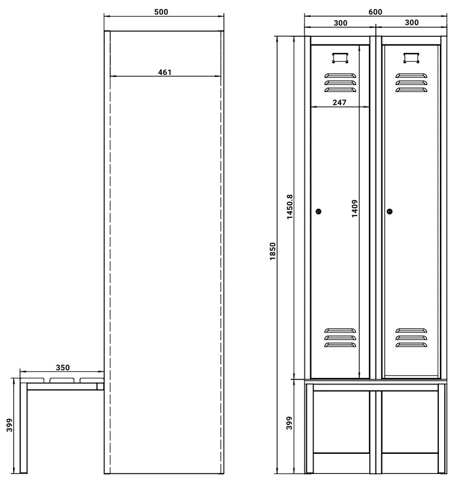 Dulap metalic cu banchetă, 60 x 85 x 185 cm, plintă, blocare cu rotire, albastru - RAL 5012