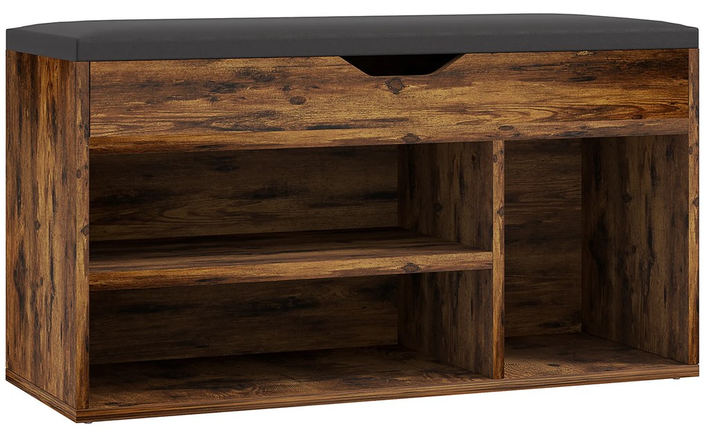 HOMCOM Mobilier pentru încălțăminte Bancă cu depozitare în 2 niveluri, nișă + compartiment integrat cu pernă, efect lemn de mahon | Aosom Romania