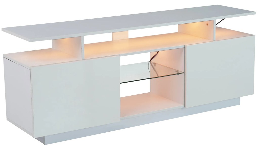 Modernă comodă TV cu iluminare LED în 16 culori, panou frontal lucios, raft de sticlă, 140×35×61 cm, Alb