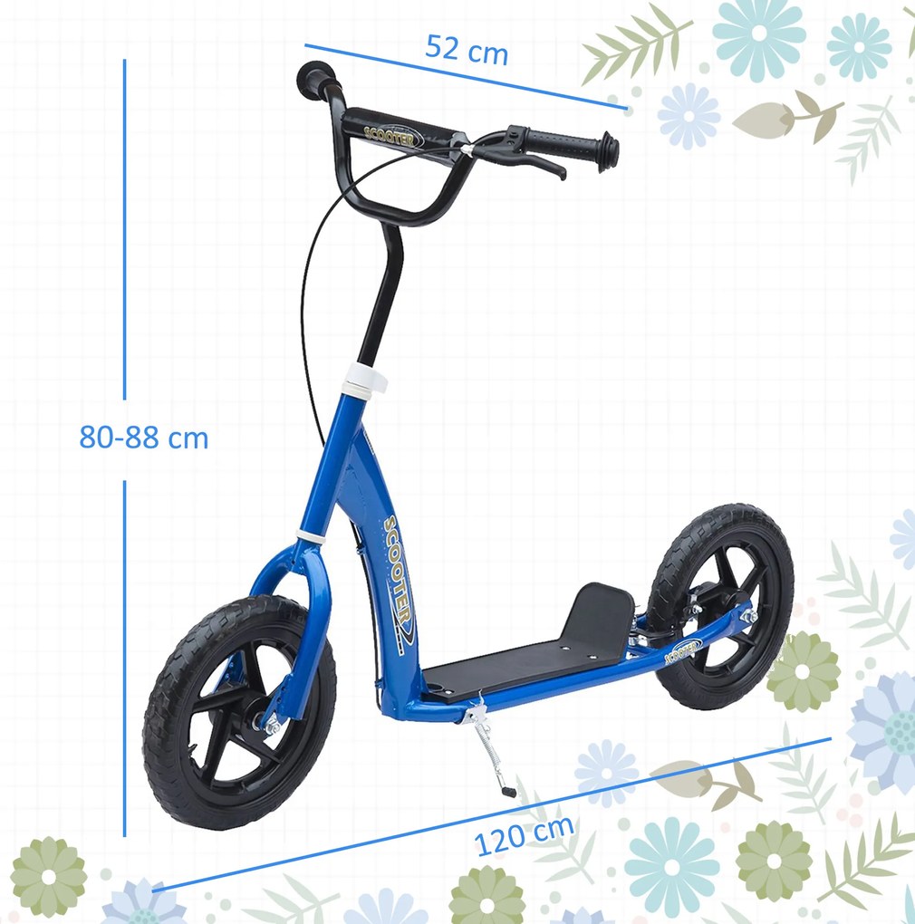 HOMCOM Monopatin cu 2 Roți pentru Copii 5-12 Ani cu Frână Posterioră și Ghidon Reglabil, Monopatin din Oțel și Plastic, 120x52x80-88 cm, Albastru | Aosom Romania