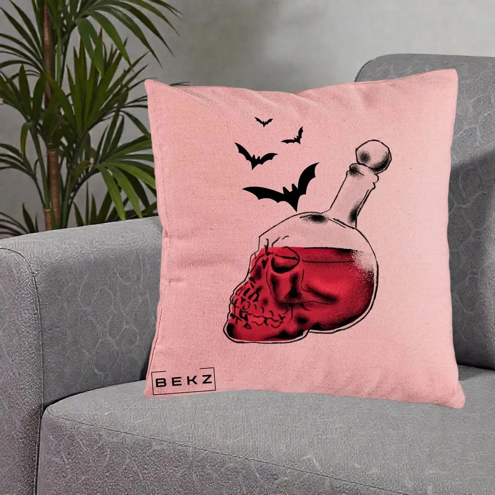 Perna Decorativa Halloween Craniu-Sticla cu Lilieci, 40x40 cm, Roz, Husa Detasabila, Perna Inclusa, BEKZ®