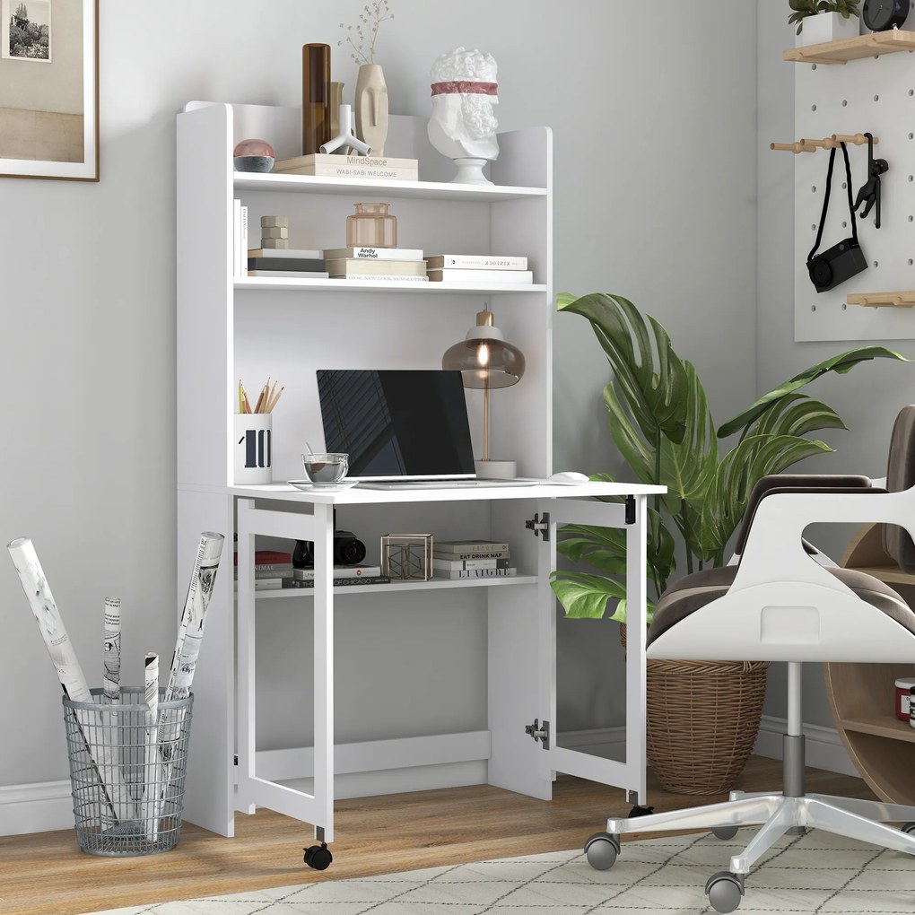 HOMCOM Birou cu Rafturi, Blat Pliabil, 2 Roți și 4 Rafturi, Birou Compact Modern cu Orificiu pentru Cabluri, Masă pentru Computer, Casă Birou Cameră de Studiu, 80x69x155 cm, Alb | Aosom Romania