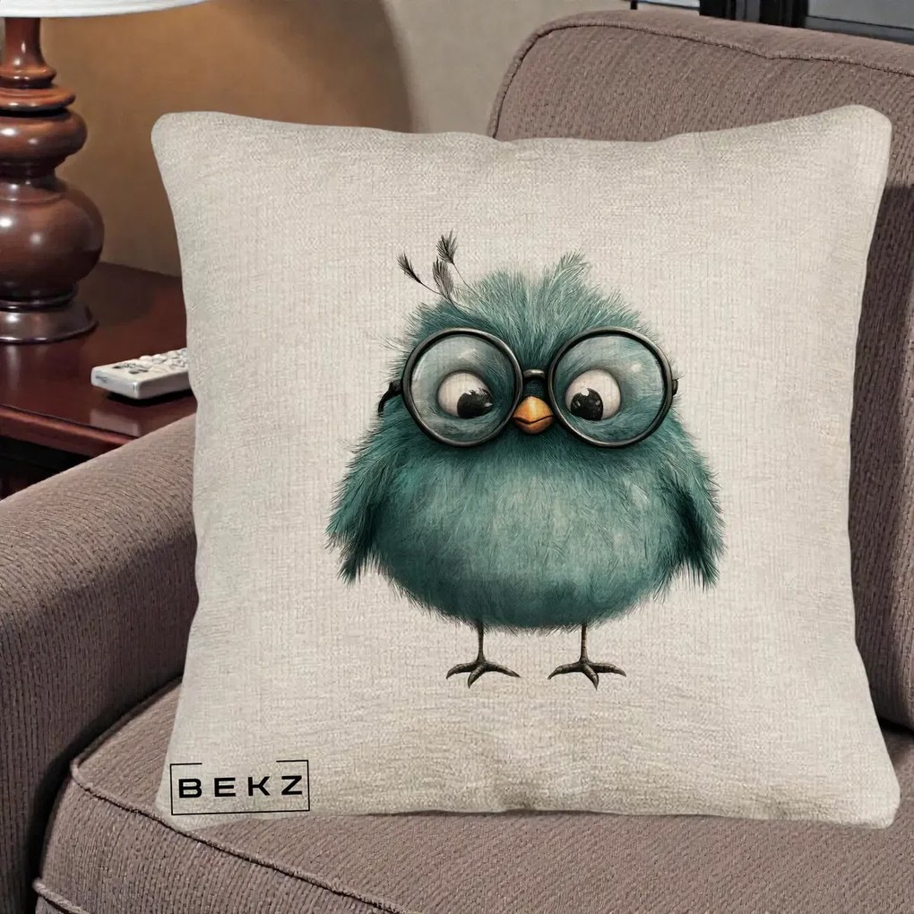 Perna Decorativa Pui Teal cu Ochelari Rotunzi, 40x40 cm, Bej Canapea, Husa Detasabila, Perna Inclusa, BEKZ®