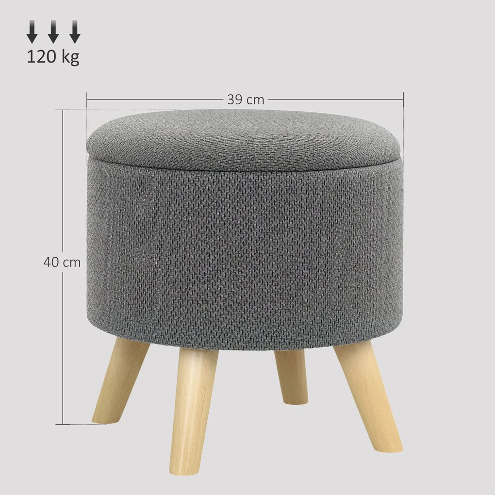 HOMCOM Pouf rotund picior de odihnă taburet cu depozitare picioare din lemn design modern gri | Aosom Romania