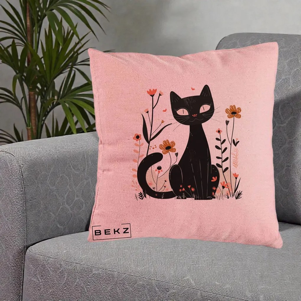 Perna Decorativa Pisica Neagra Flori Pastel Folk, 40x40 cm, Roz, Husa Detasabila, Perna Inclusa, BEKZ®