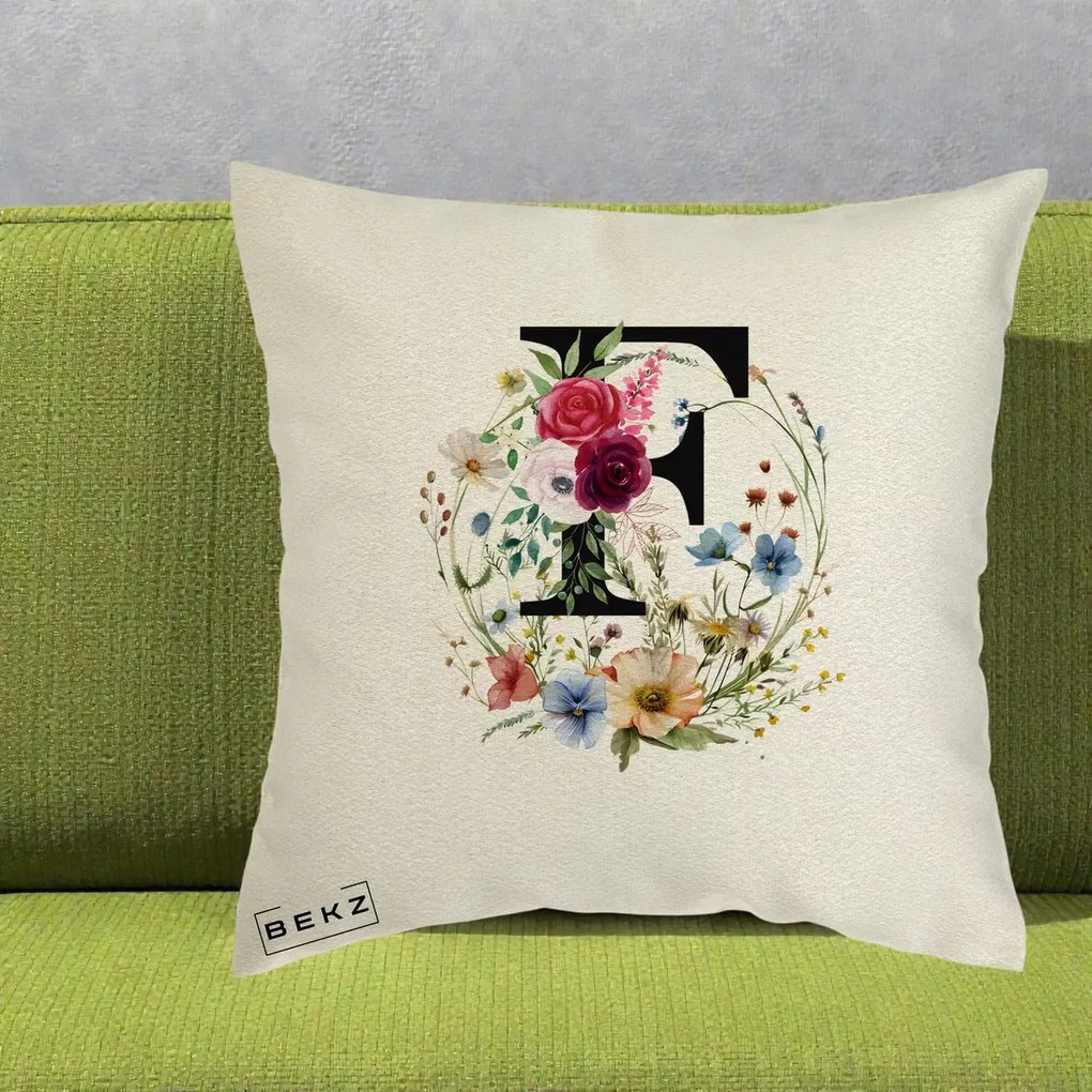 Cadou Personalizat - Perna Personalizata Monogram Litera F cu Flori Acuarela, 40x40 cm, Ecru, Husa Detasabila, Perna Inclusa, BEKZ®