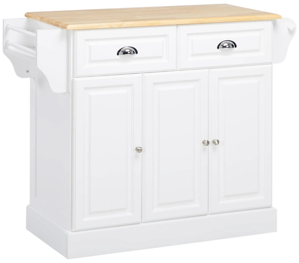 HOMCOM, Insulă de bucătărie pe roți, cu 2 sertare, suport pentru condimente și suport pentru ștergare, 110 x 45 x 91 cm, alb | Aosom Romania