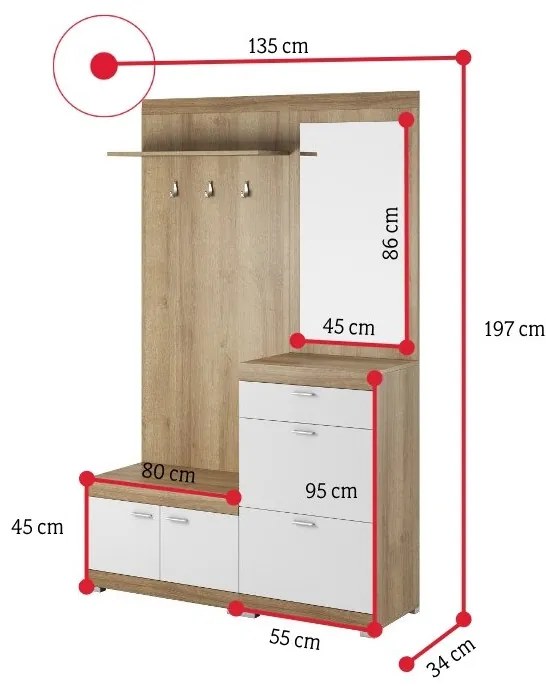 Expedo Set hol ORNELLA cu oglindă, 135x197x34, stejar riviera/alb mat