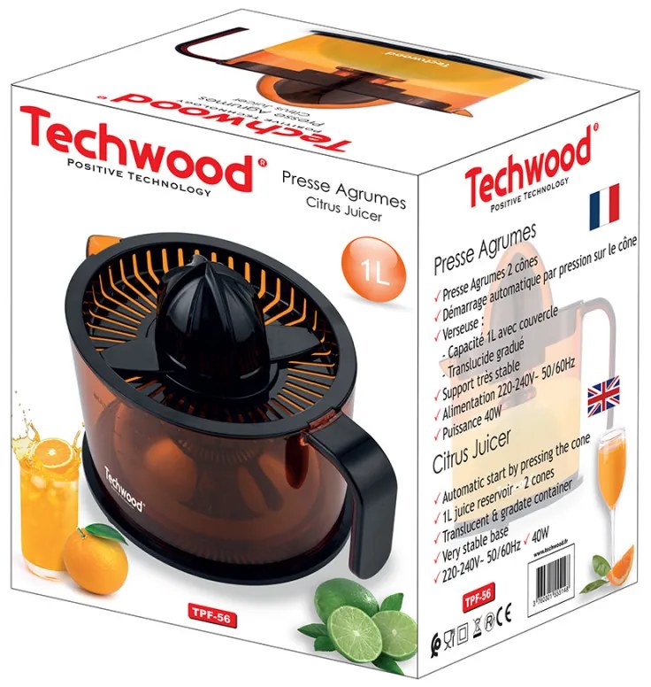 Storcator manual pentru citrice Techwood TPF-56, 40W, 1 L, Apasare, 2 conuri, Negru/Portocaliu