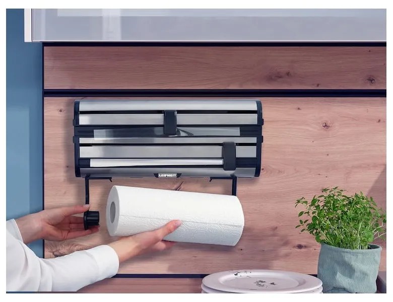 Dispenser pentru prosoape de bucătărie din hârtie și folie de aluminiu argintiu de montat pe perete din metal Parat Royal – LEIFHEIT