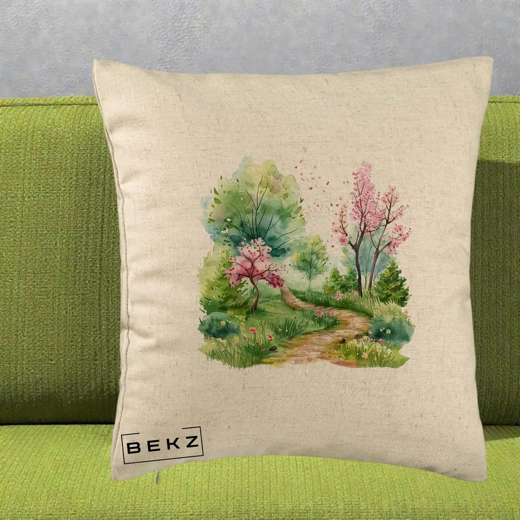 Perna Decorativa Gradina Primavara Acuarela, 40x40 cm, Bej, Husa Detasabila, Perna Inclusa, BEKZ®