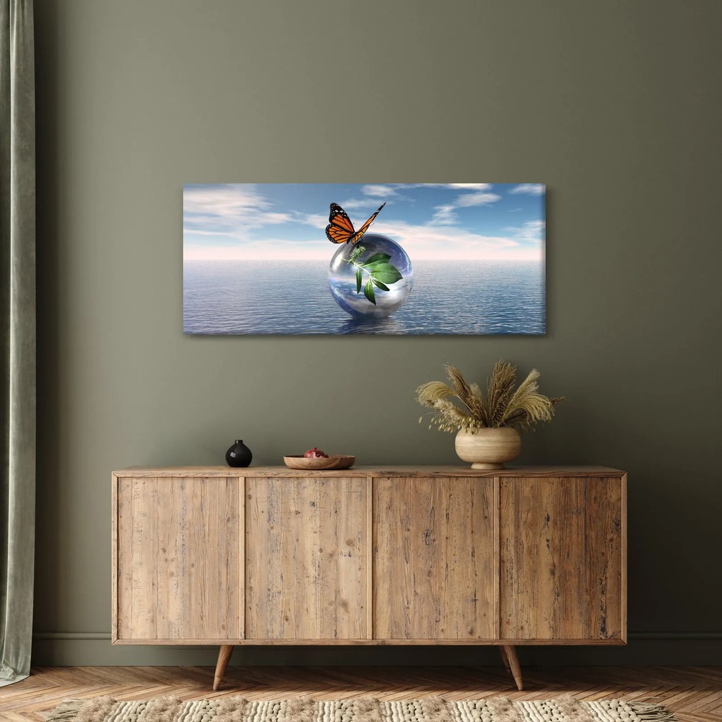 Tablou cu fluture pe bilă din sticlă (120x50 cm)