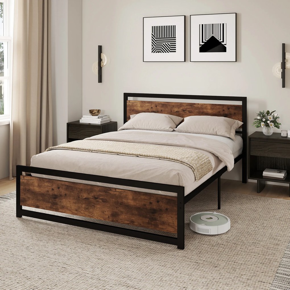 HOMCOM Cadru Pat Matrimonial din Lemn si Otel 160x200cm, Sipci Integrate si Tetiera in Stil Industrial, Negru Maro Rustic