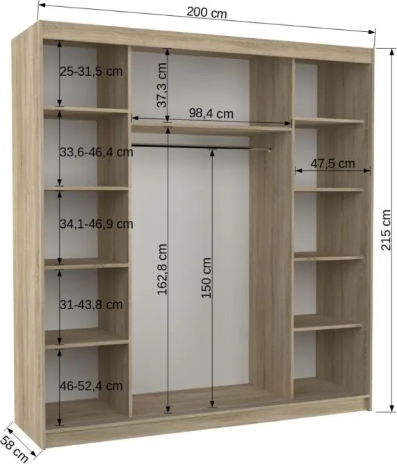 Dulap cu usi glisante Esteva 200x215 cm, 11 Rafturi + Bara pentru Umerase, ADRK Furniture (Culoare: Sonoma)