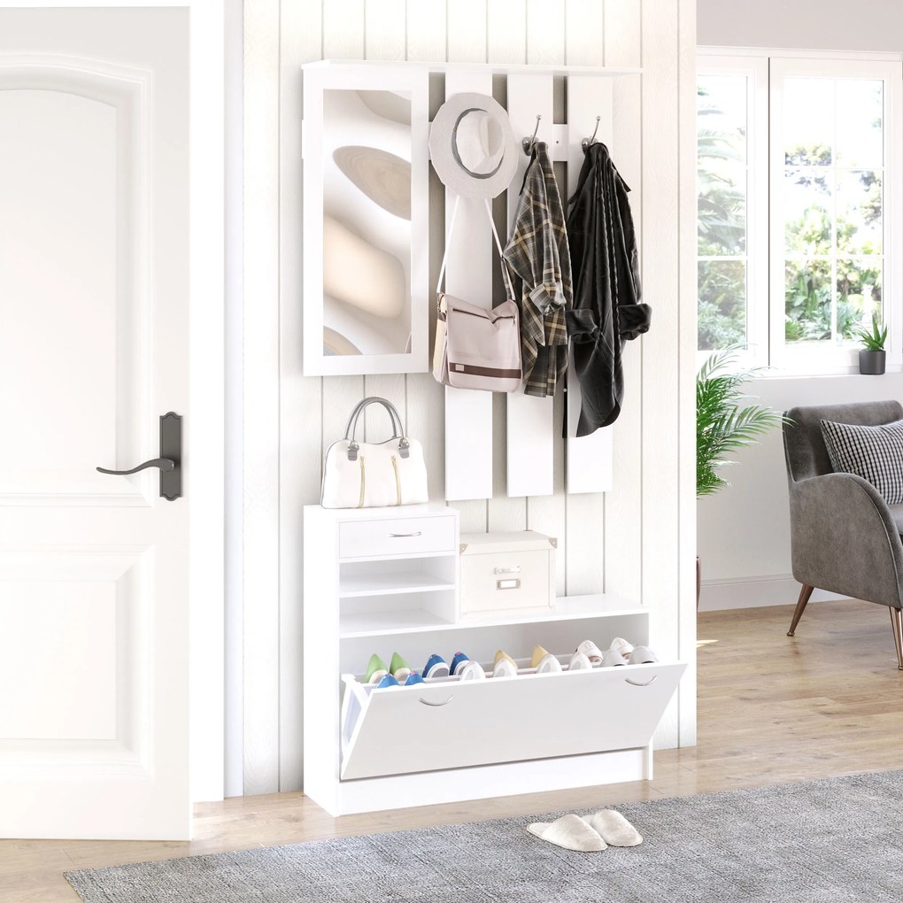 HOMCOM Mobila de Hol Moderna Garderoba Set Cuier, Oglinda si Dulap Pantofi 3 in 1, in Lemn Alb | Aosom Romania