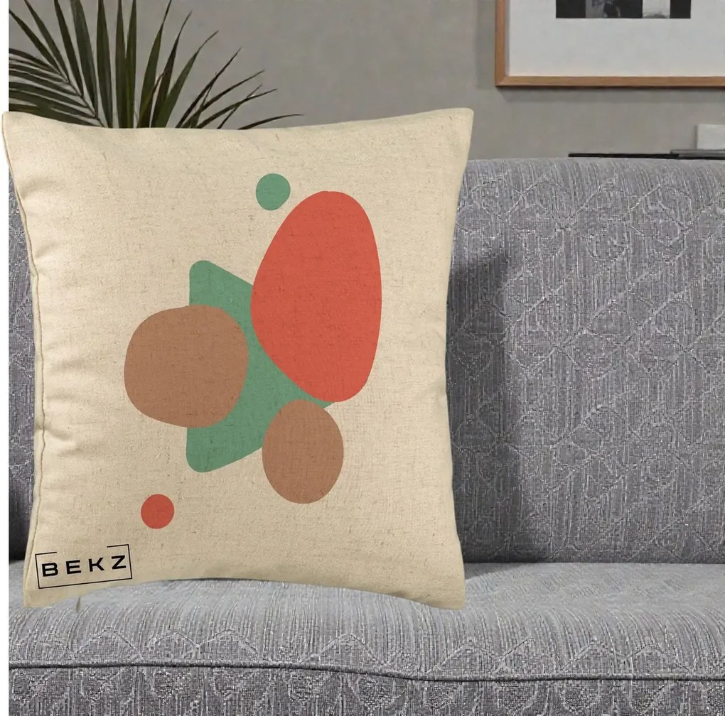 Perna Decorativa Abstract Forme Coral Turcoaz, 40x40 cm, Bej, Husa Detasabila, Perna Inclusa, BEKZ®