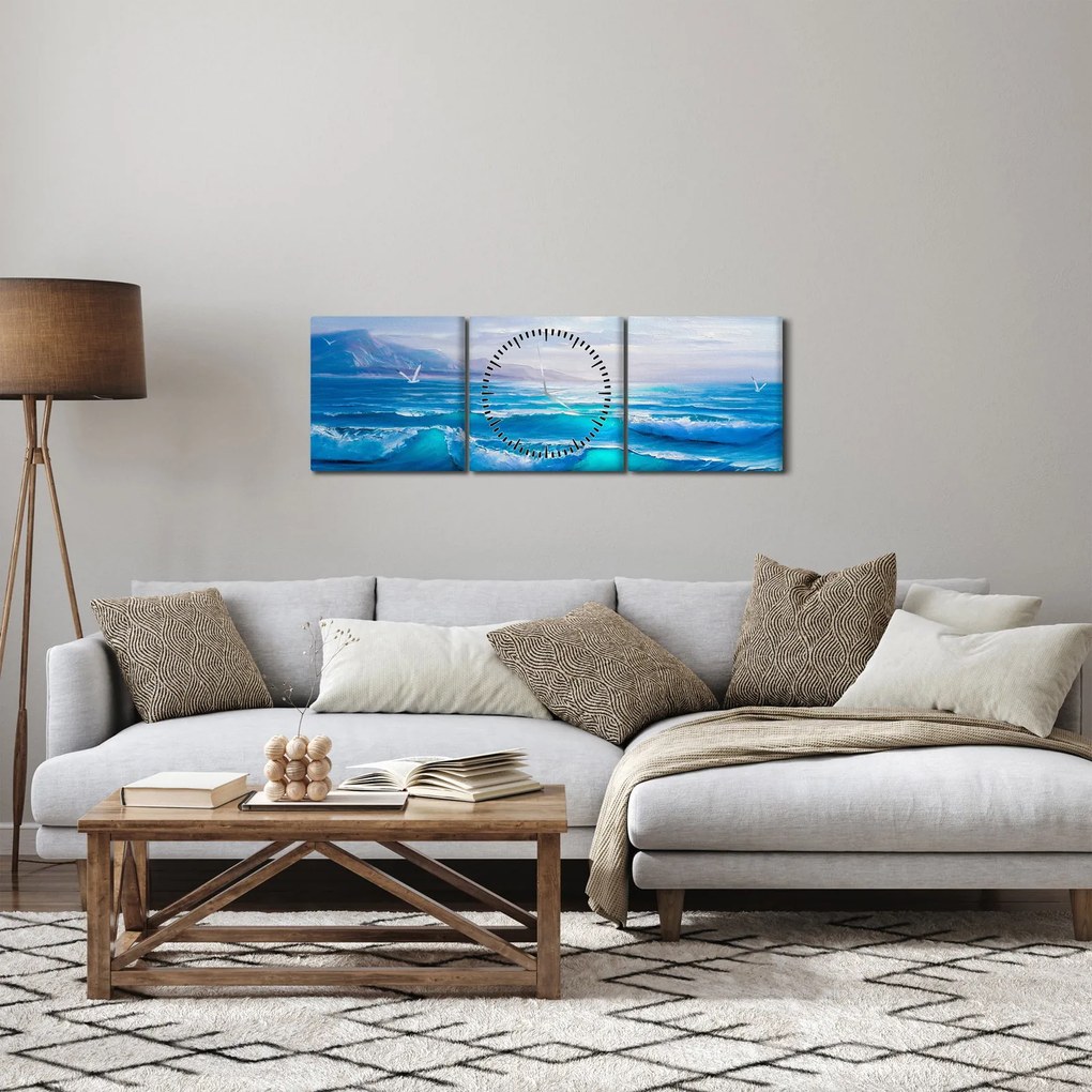 Tablou - Pictură în ulei de mare cu pescăruși (cu ceas) (90x30 cm)