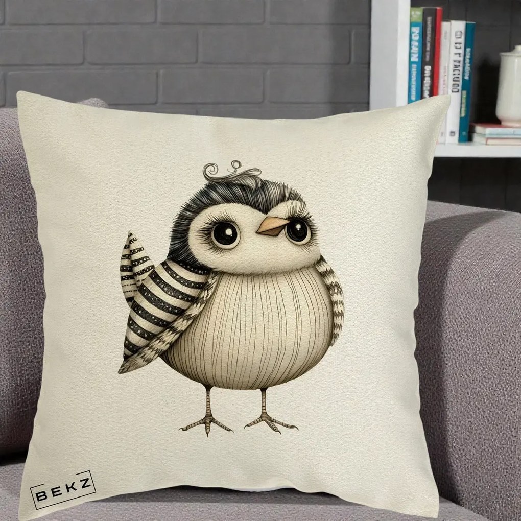 Perna Decorativa Pui Elegant Alb-Negru, 40x40 cm, Ecru, Husa Detasabila, Perna Inclusa, BEKZ®