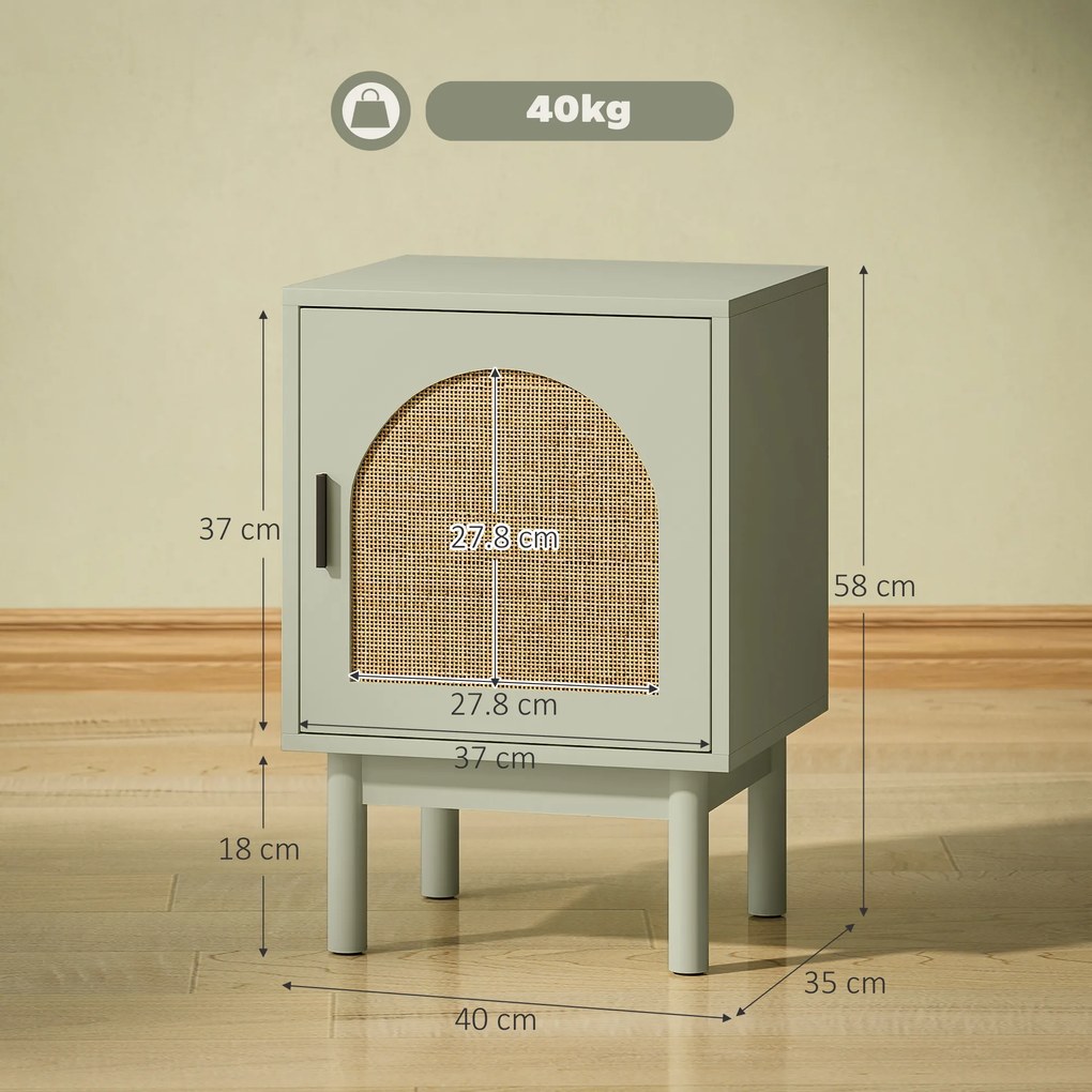 HOMCOM Noptieră cu Ușă din Ratan Raft Ajustabil și Piciorușe de Lemn Stil Bohem 40x35x58 cm Verde Deschis | Aosom Romania