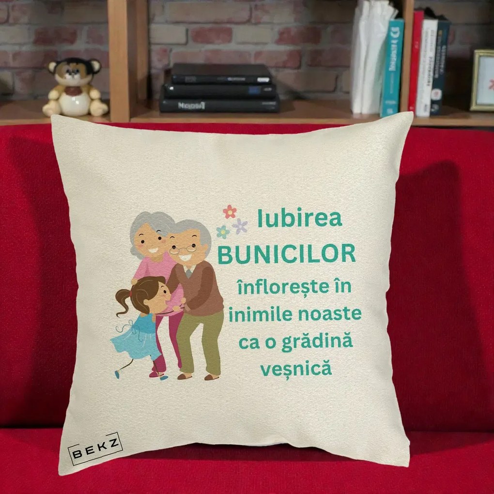 Cadou pentru Bunici - Perna Personalizata Bunicii Iubirea Infloreste cu Nepoata Teal, 40x40 cm, Ecru, Husa Detasabila, Perna Inclusa, BEKZ®