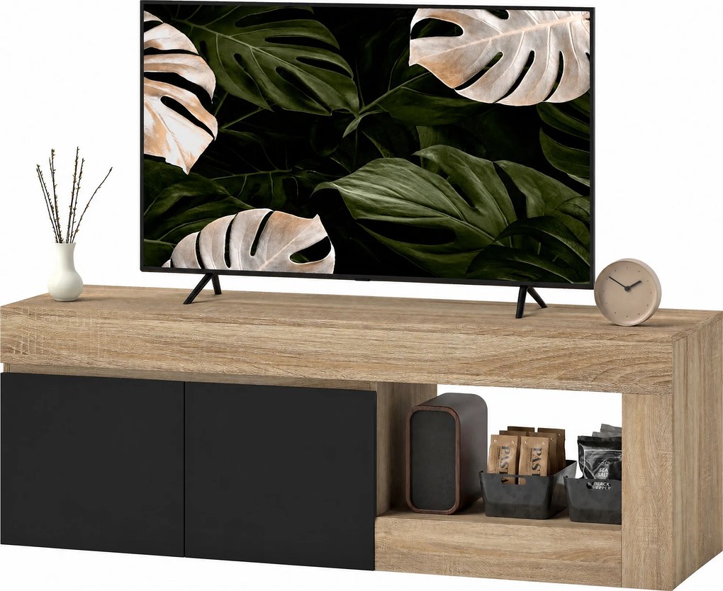 HOMCOM Comodă TV Modernă cu Dulap, Negru și Lemn Natur | Aosom Romania