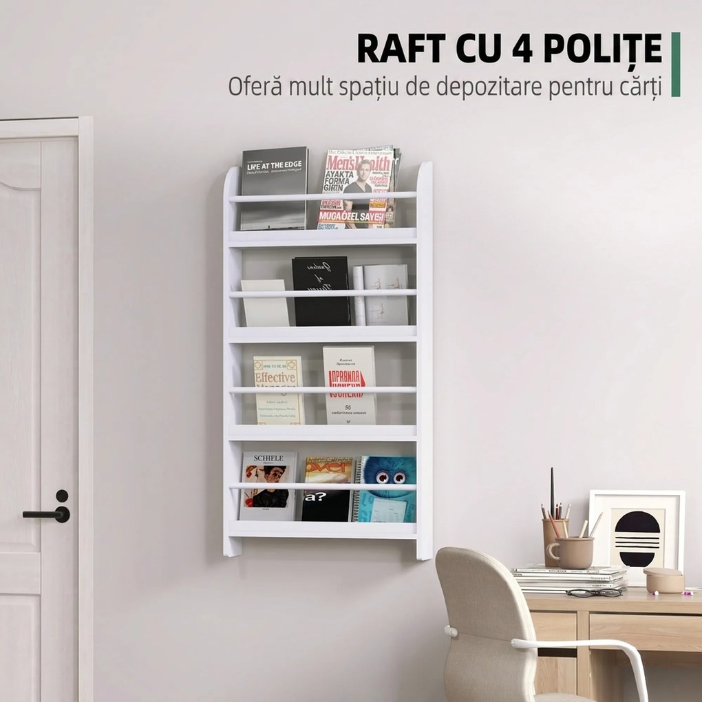 HOMCOM Etajeră de Perete Modernă cu 4 Rafturi din Lemn, Design Elegant pentru Living sau Birou, Alb, 59x12x113cm | Aosom Romania