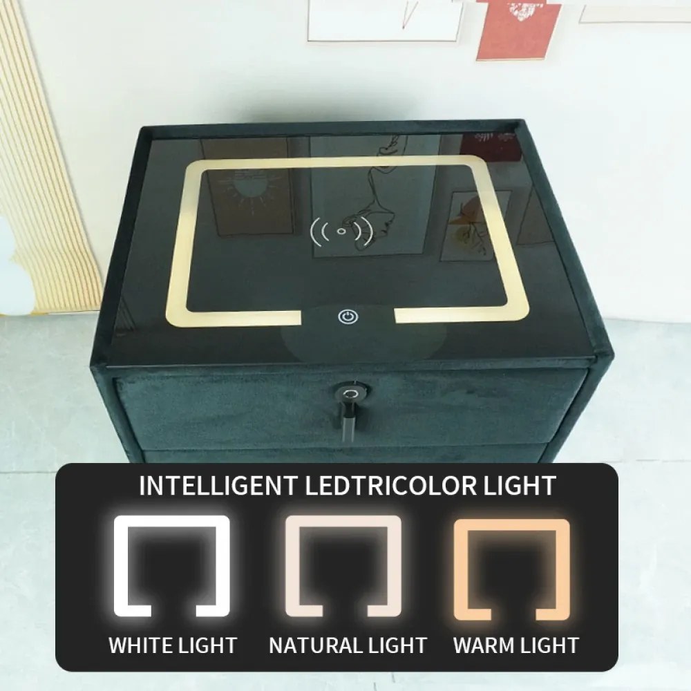 Noptiera inteligenta multifunctionala, iluminare LED tactil, blocare amprentă, incarcare wireless si USB, difuzor Bluetooth, catifea, Negru