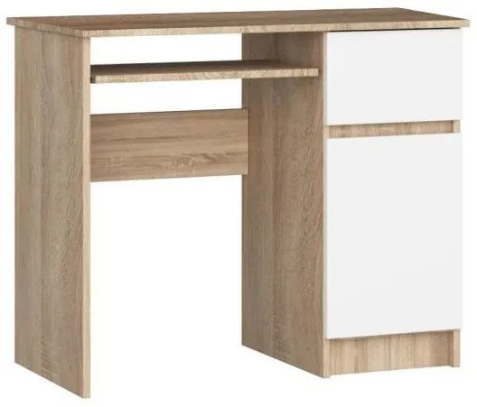 Birou calculator, placa laminata, 1 sertar, 3 rafturi, stejar si alb, 90x50x77 cm, Pixel