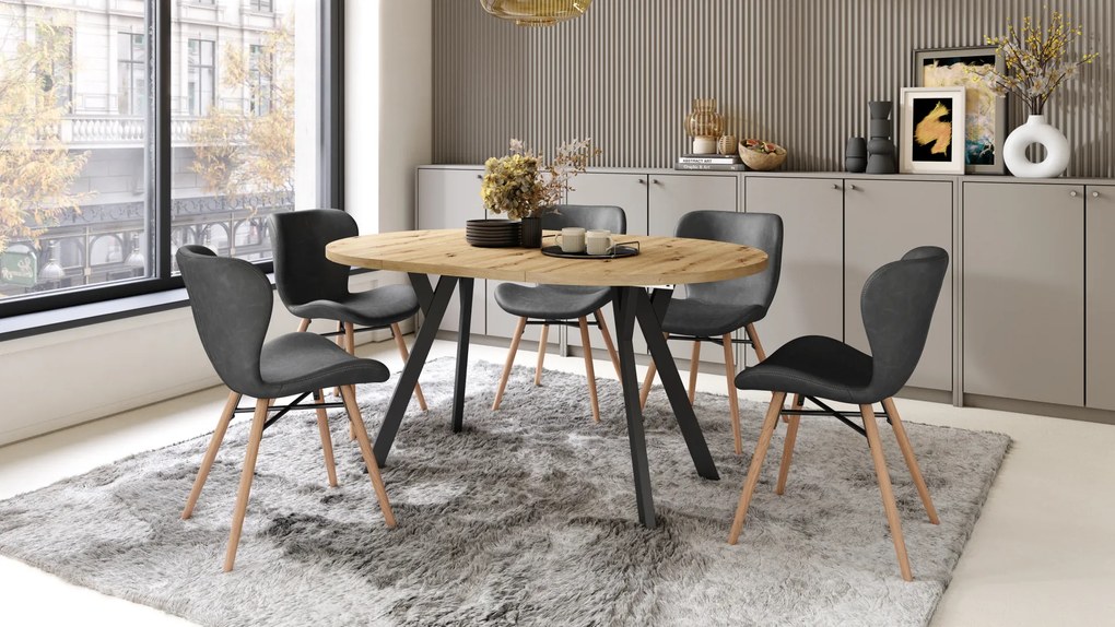 Mazzoni ALMO Stejar Artisan/picioare negre - MASĂ ROTUNDĂ EXTENSIBILĂ CU PICIOARE ÎN FORMĂ DE Y STIL LOFT PENTRU SALON/SUFRAGERIE