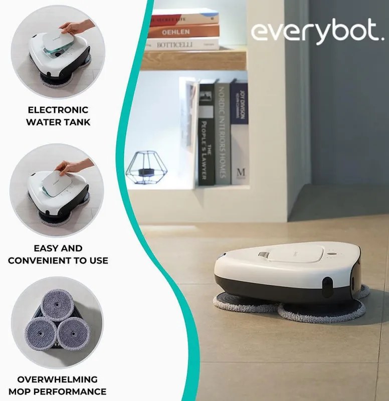 Robot curatare podele Everybot TS300, 27W, 300 ml, Umeda/uscata, Autonomie pana la 200 min, 6 moduri, Senzor anti-cadere/coliziune, Alb