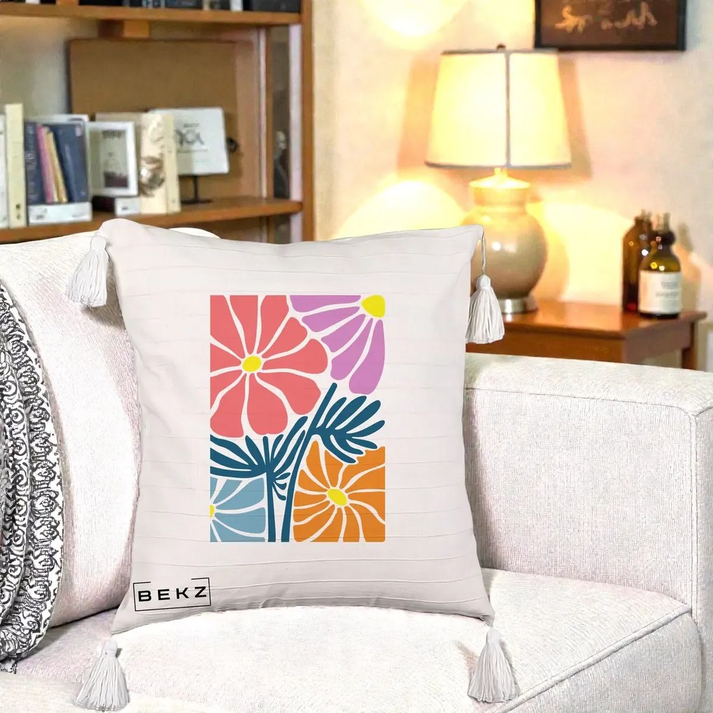 Perna Decorativa Flori Grafice Roz-Orange-Albastru, 40x40 cm, Bej cu Franjuri, Husa Detasabila, Perna Inclusa, BEKZ®