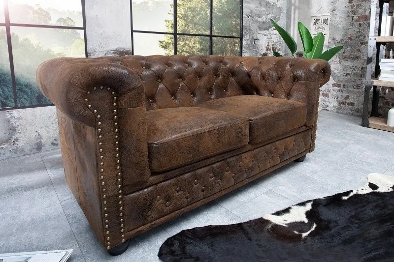Canapea clasica stil englezesc Chesterfield 2 locuri maro antic