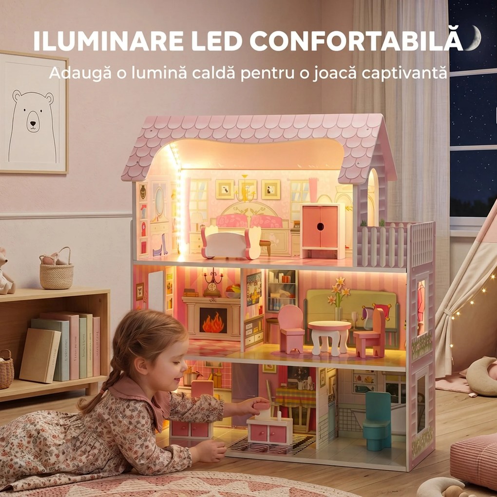 AIYAPLAY Casă de păpuși din lemn pentru copii, 3 niveluri, cu bandă LED DIY, 8 piese de mobilier, 6 camere, 3-6 ani, roz | Aosom Romania
