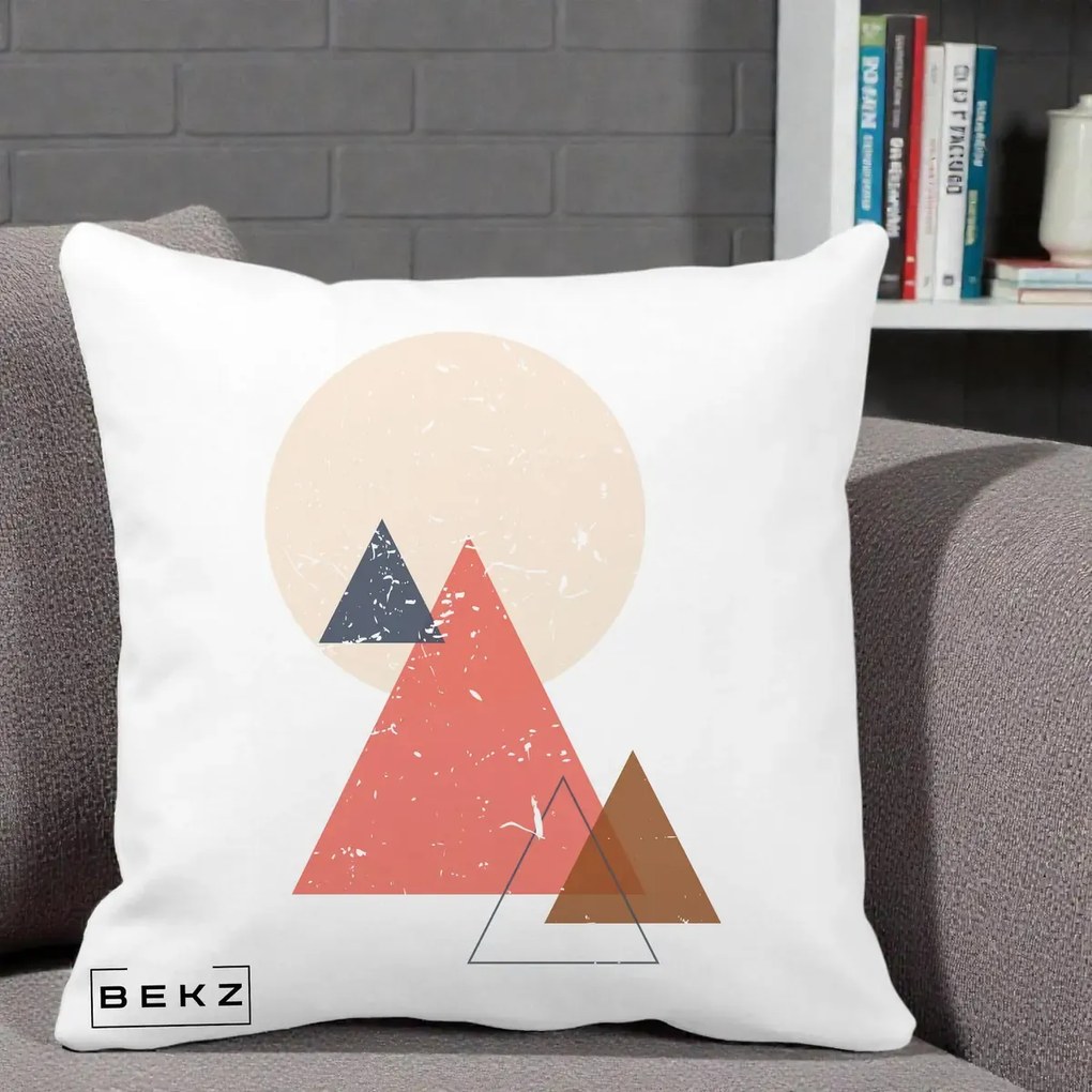 Perna Decorativa Geometric Munti si Soare, 40x40 cm, Alba Mata, Husa Detasabila, Perna Inclusa, BEKZ®
