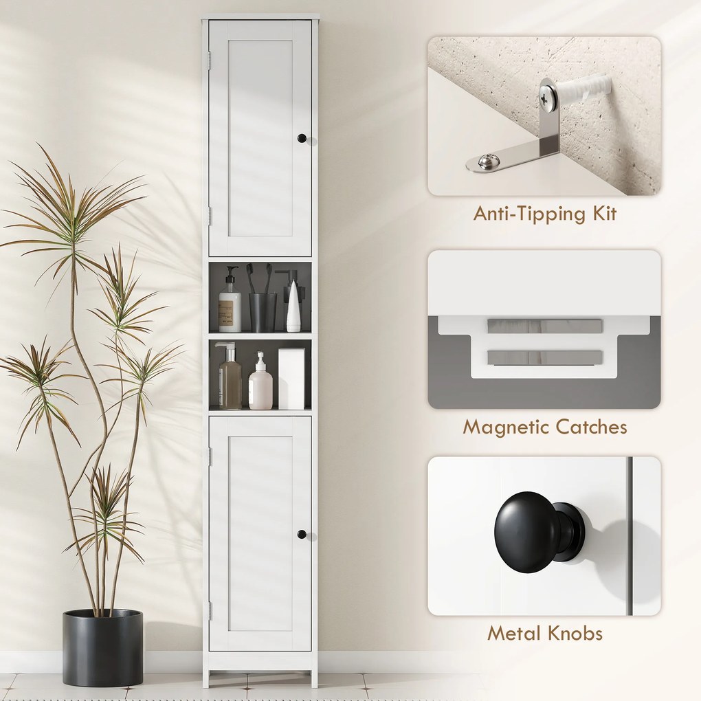 HOMCOM Dulap Înalt de Baie cu 2 Rafturi Deschise și 2 Dulapuri în Lemn Alb | Aosom Romania