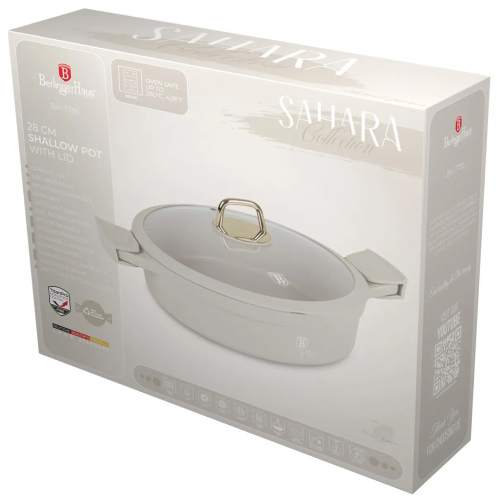 Cratita cu capac si manere de silicon detasabile 28 cm 4,2L Sahara Berlinger Haus BH 7785, antiaderenta, crem