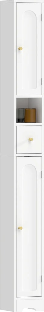HOMCOM Dulap de baie îngust cu sertar uși arcuite compartiment deschis raft reglabil 20x20x185 cm Alb | Aosom Romania