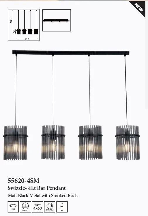 Lustra suspendata metal negru, tije din sticla Swizzle 4L