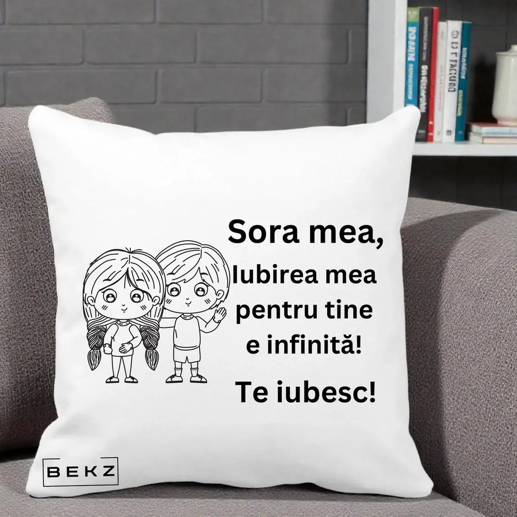 Cadou pentru Sora - Perna Personalizata Sora Mea Te Iubesc Copii Anime Line Art, 40x40 cm, Alba Mata, Husa Detasabila, Perna Inclusa, BEKZ®