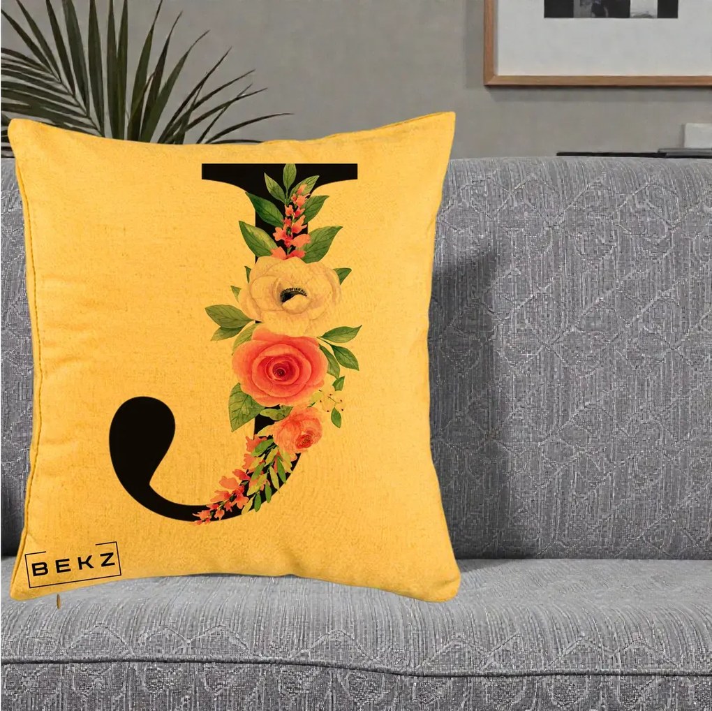 Cadou Personalizat - Perna Personalizata Monograma Florala Litera J, 40x40 cm, Galben, Husa Detasabila, Perna Inclusa, BEKZ®