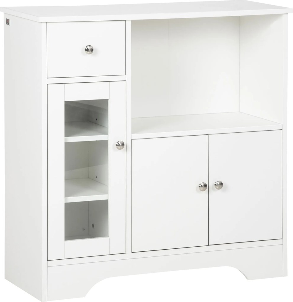 HOMCOM Credență Bufet cu Compartiment Deschis, Sertar, 3 Rafturi și Dulap cu 2 Uși, din Lemn, 80x30x82 cm, Alb | Aosom Romania