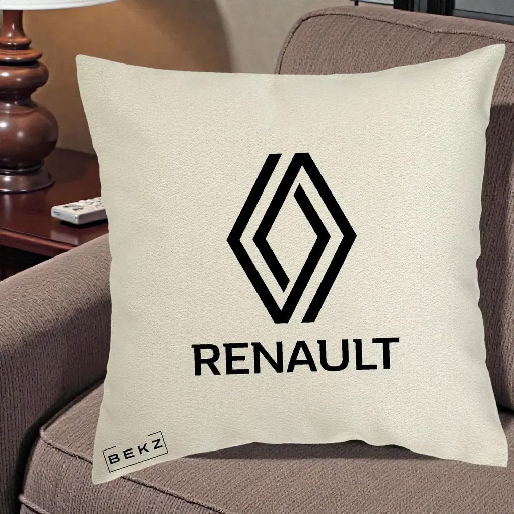 Perna Personalizata cu emblema Renault, 40x40 cm, Ecru, Husa Detasabila, Perna Inclusa, BEKZ®