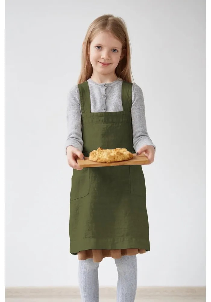 Șorț din in pentru copii Linen Tales Pinafore, 60 x 34 cm, verde închis