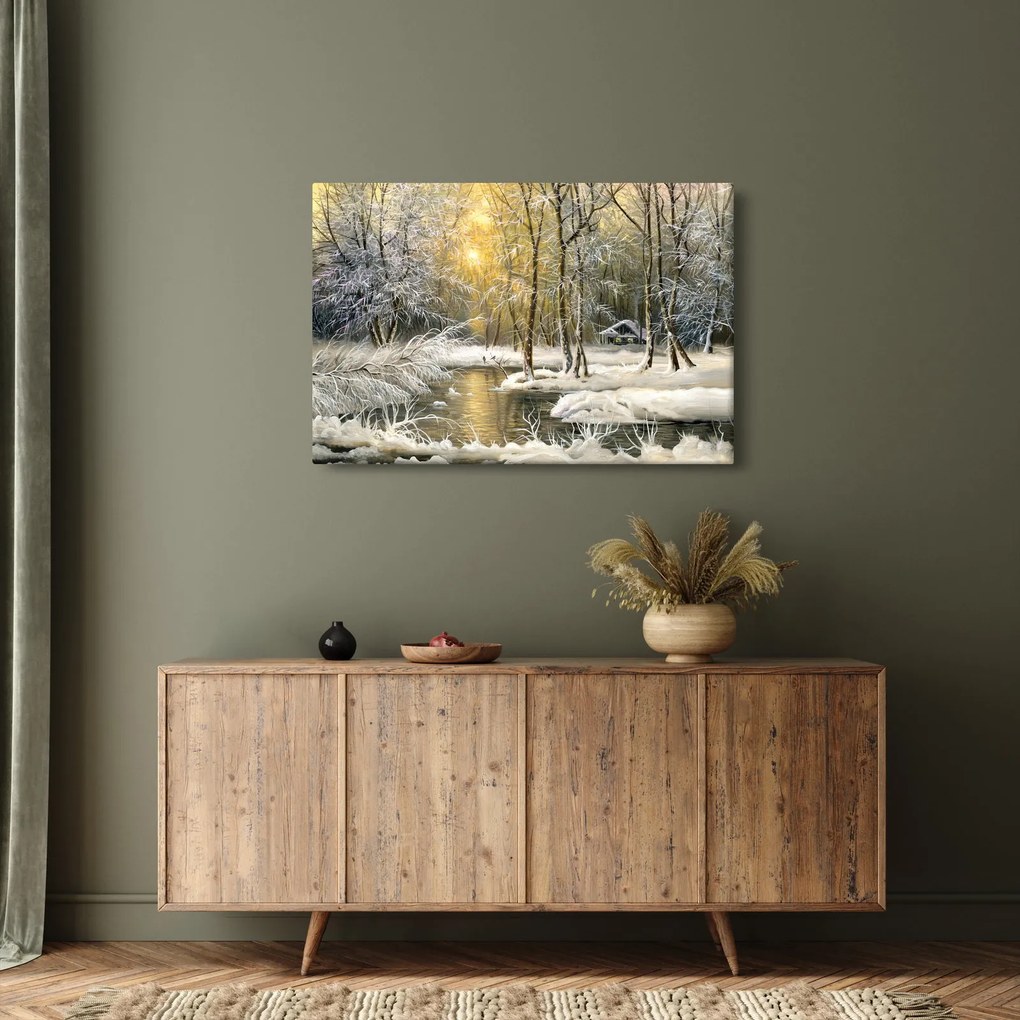 Tablou - Cabană în pădure, pictură în uei (90x60 cm)