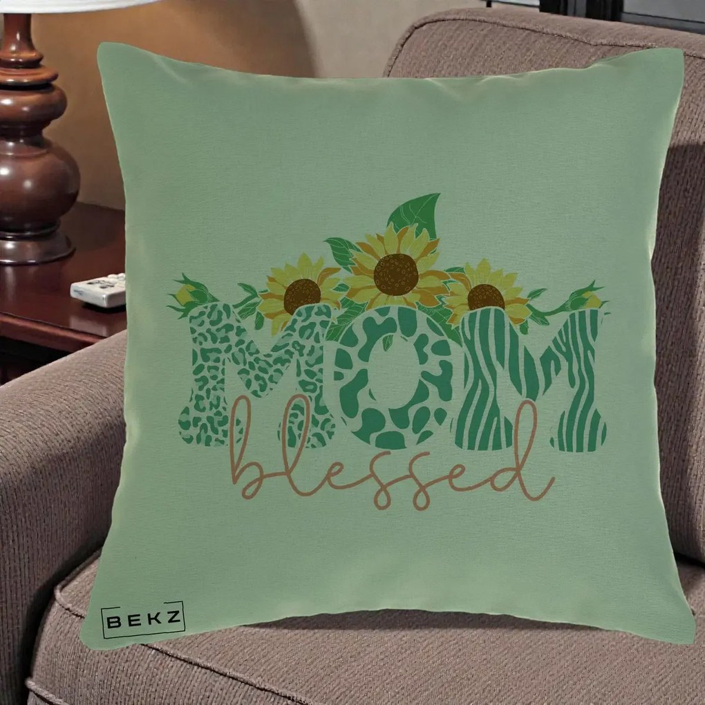 Cadou pentru Mama - Perna Personalizata Mom Blessed cu Floarea Soarelui Animal Print Teal, 40x40 cm, Verde, Husa Detasabila, Perna Inclusa, BEKZ®