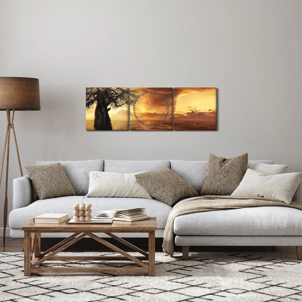 Tablou cu norii portocalii (cu ceas) (90x30 cm)