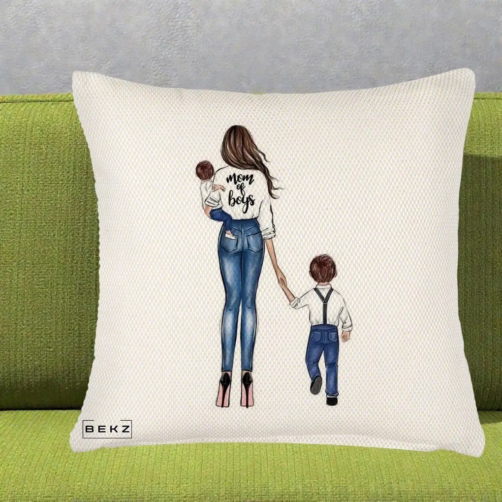 Cadou pentru Mama - Perna Personalizata Mom of Boys Mama cu Baietii, 40x40 cm, Crem Reliefat, Husa Detasabila, Perna Inclusa, BEKZ®
